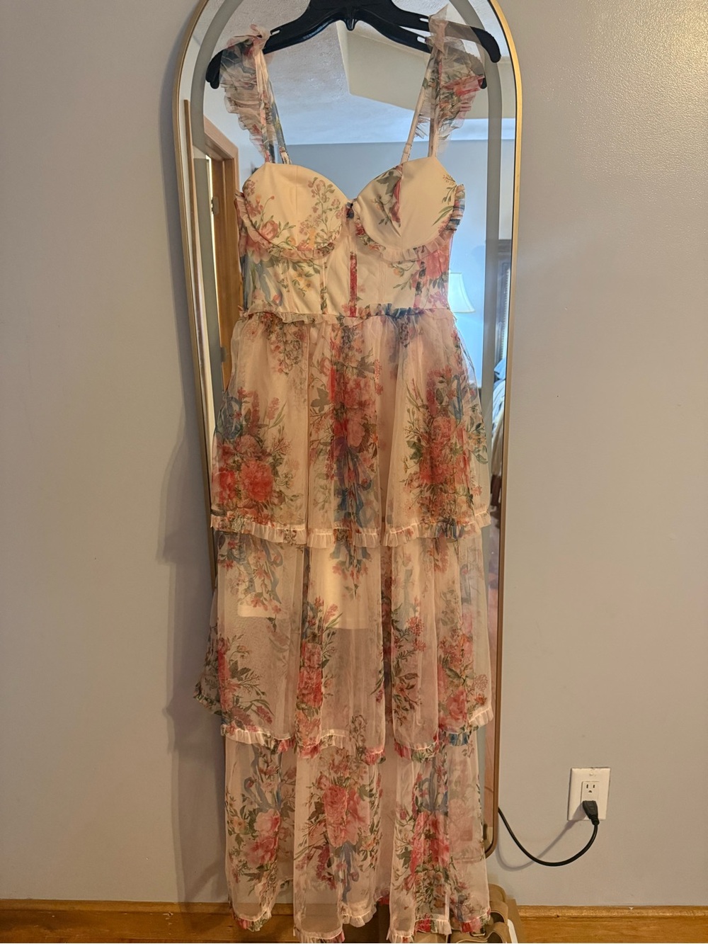 Vici Floral Tiered Maxi Dress in Cream with Pink & Blue Accents